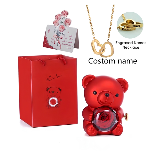 Eternal Bond Personalized Names Heart Necklace & Mechanical Rose Bear Set