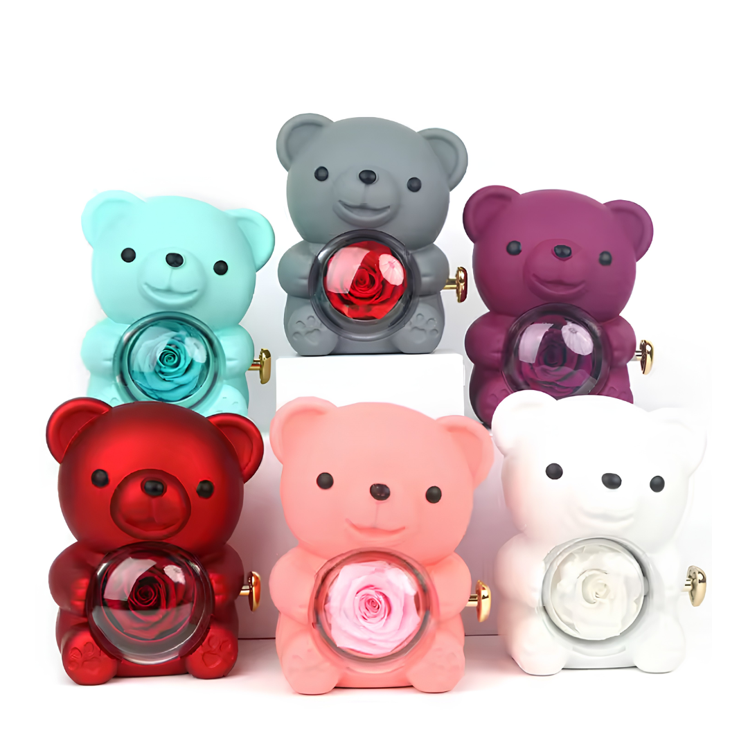 Eternal Bond Personalized Names Heart Necklace & Mechanical Rose Bear Set