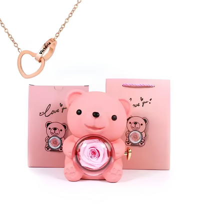 Eternal Bond Personalized Names Heart Necklace & Mechanical Rose Bear Set