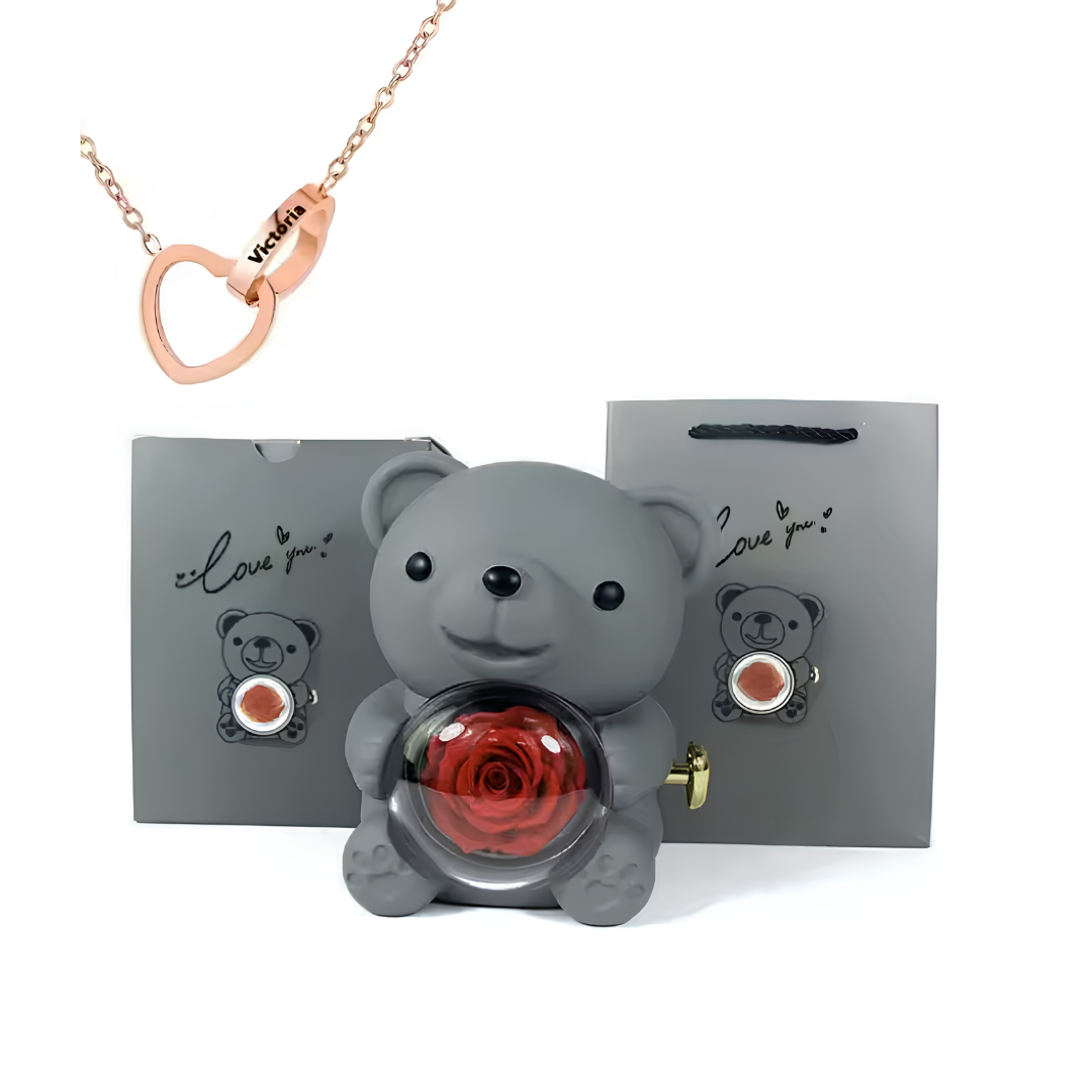 Eternal Bond Personalized Names Heart Necklace & Mechanical Rose Bear Set