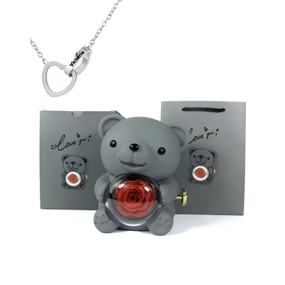 Eternal Bond Personalized Names Heart Necklace & Mechanical Rose Bear Set