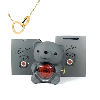 Eternal Bond Personalized Names Heart Necklace & Mechanical Rose Bear Set
