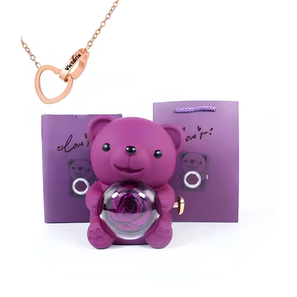 Eternal Bond Personalized Names Heart Necklace & Mechanical Rose Bear Set