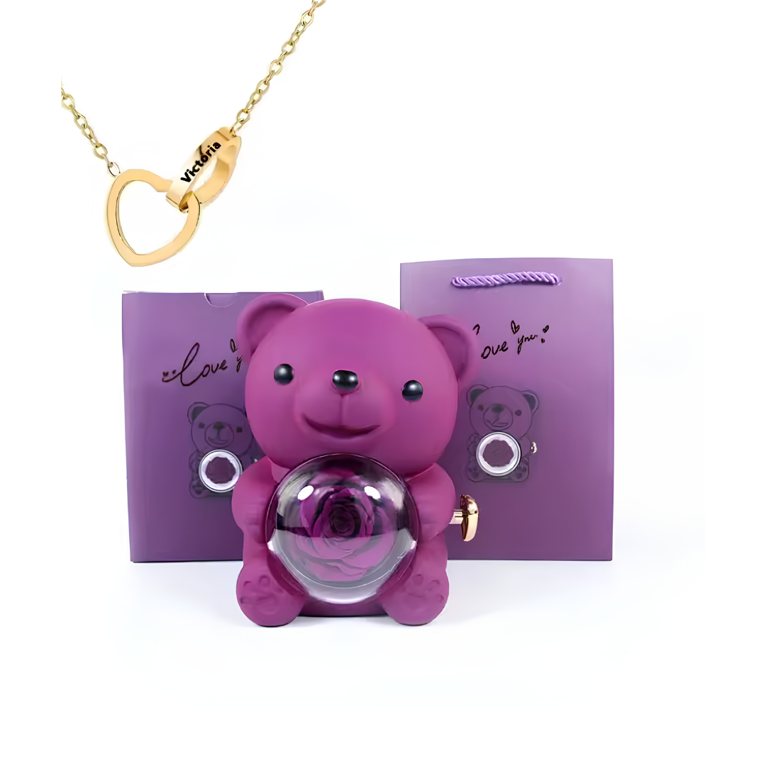 Eternal Bond Personalized Names Heart Necklace & Mechanical Rose Bear Set