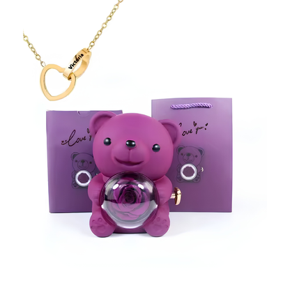 Eternal Bond Personalized Names Heart Necklace & Mechanical Rose Bear Set