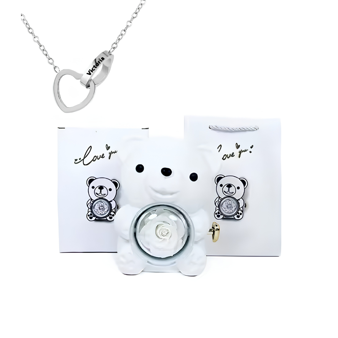 Eternal Bond Personalized Names Heart Necklace & Mechanical Rose Bear Set