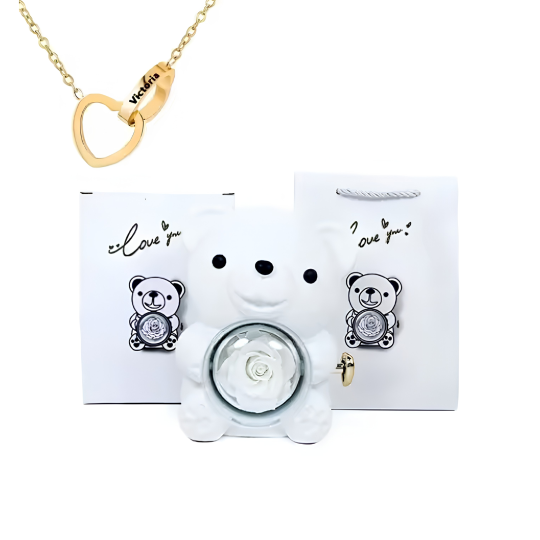 Eternal Bond Personalized Names Heart Necklace & Mechanical Rose Bear Set