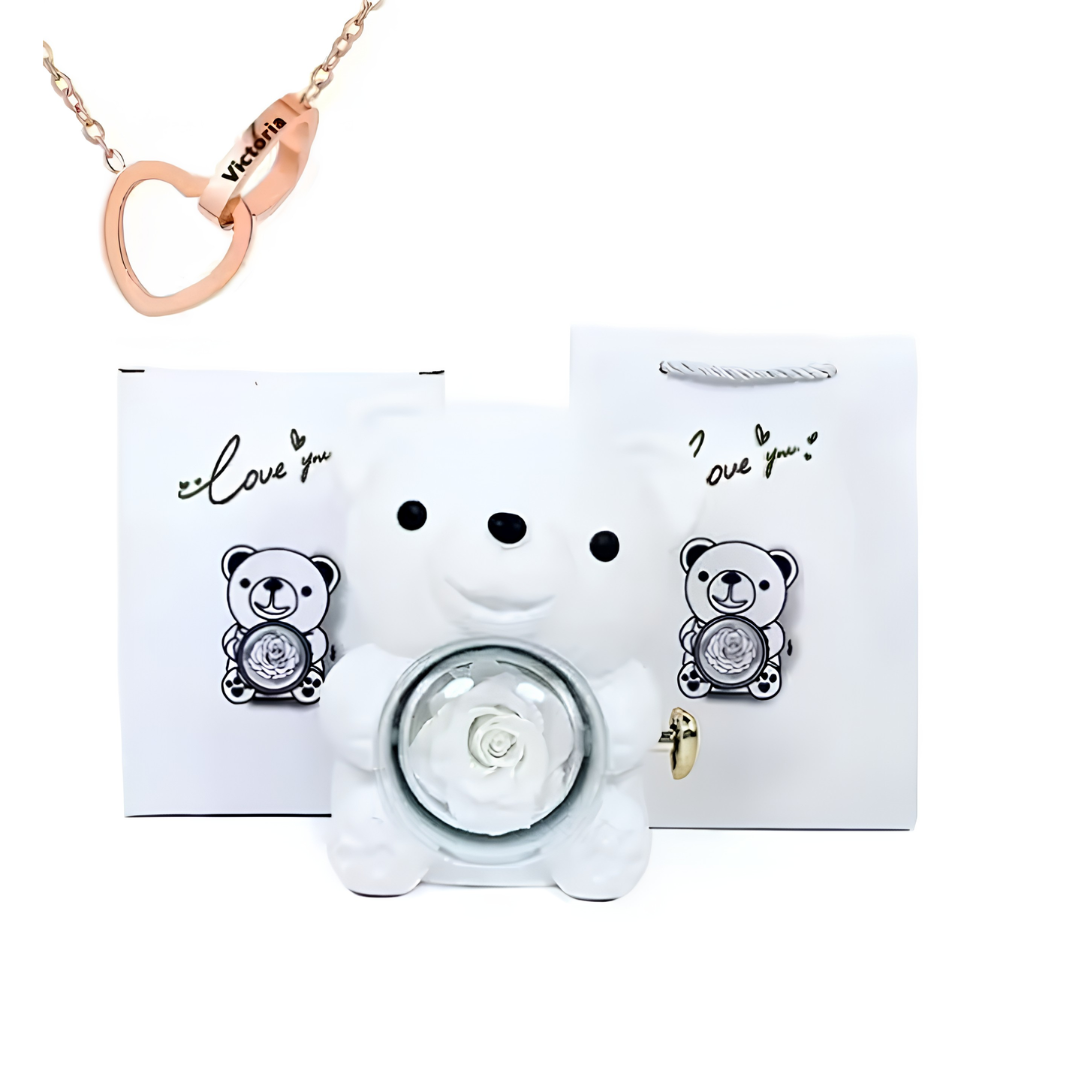 Eternal Bond Personalized Names Heart Necklace & Mechanical Rose Bear Set