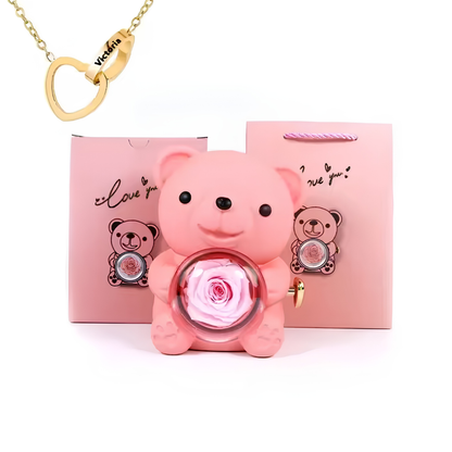 Eternal Bond Personalized Names Heart Necklace & Mechanical Rose Bear Set