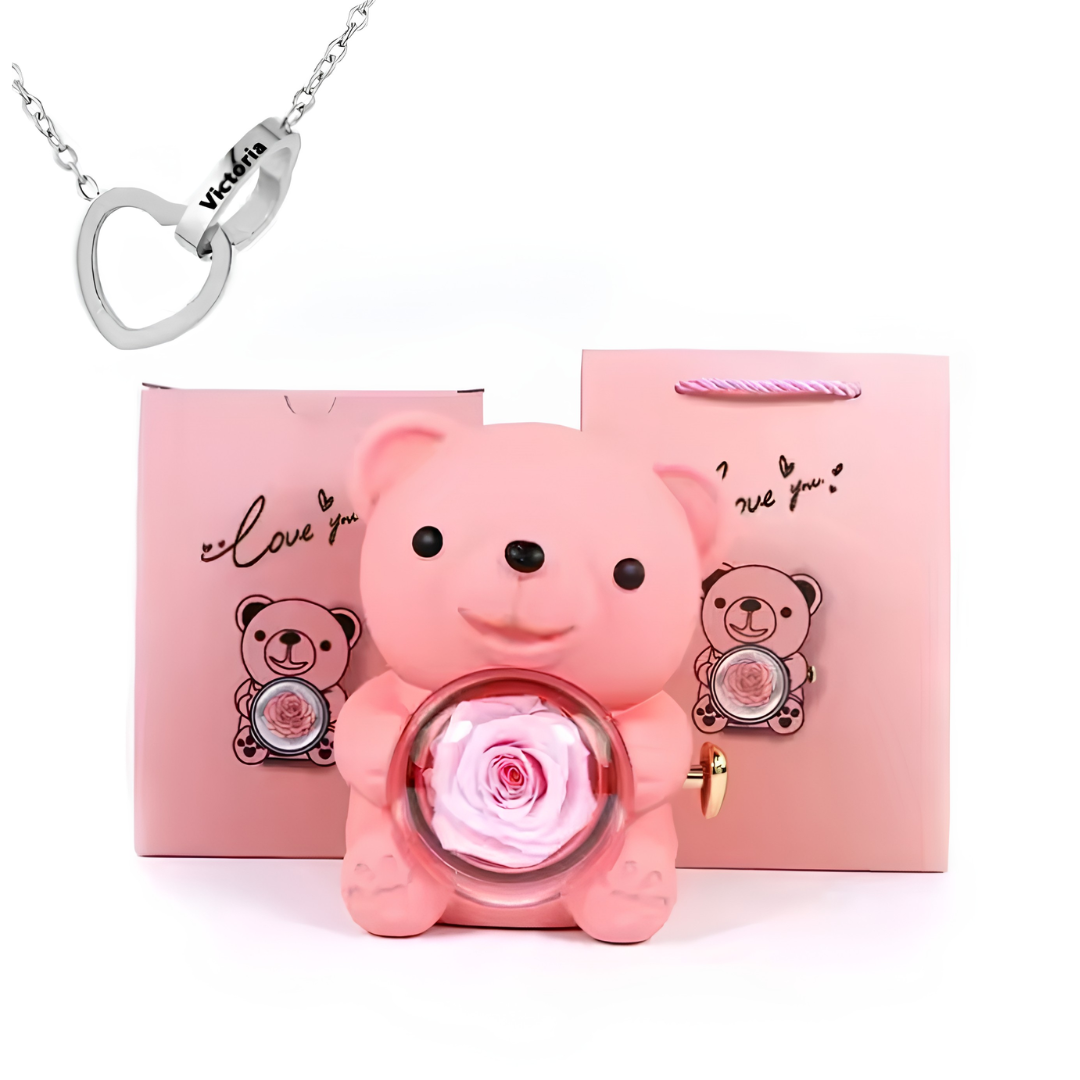 Eternal Bond Personalized Names Heart Necklace & Mechanical Rose Bear Set