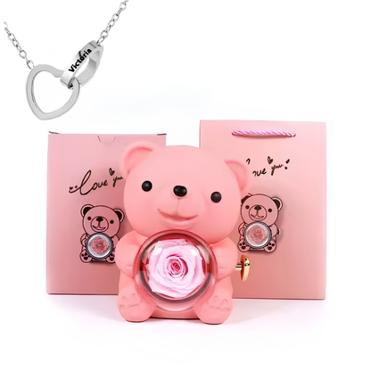 Eternal Bond Personalized Names Heart Necklace & Mechanical Rose Bear Set