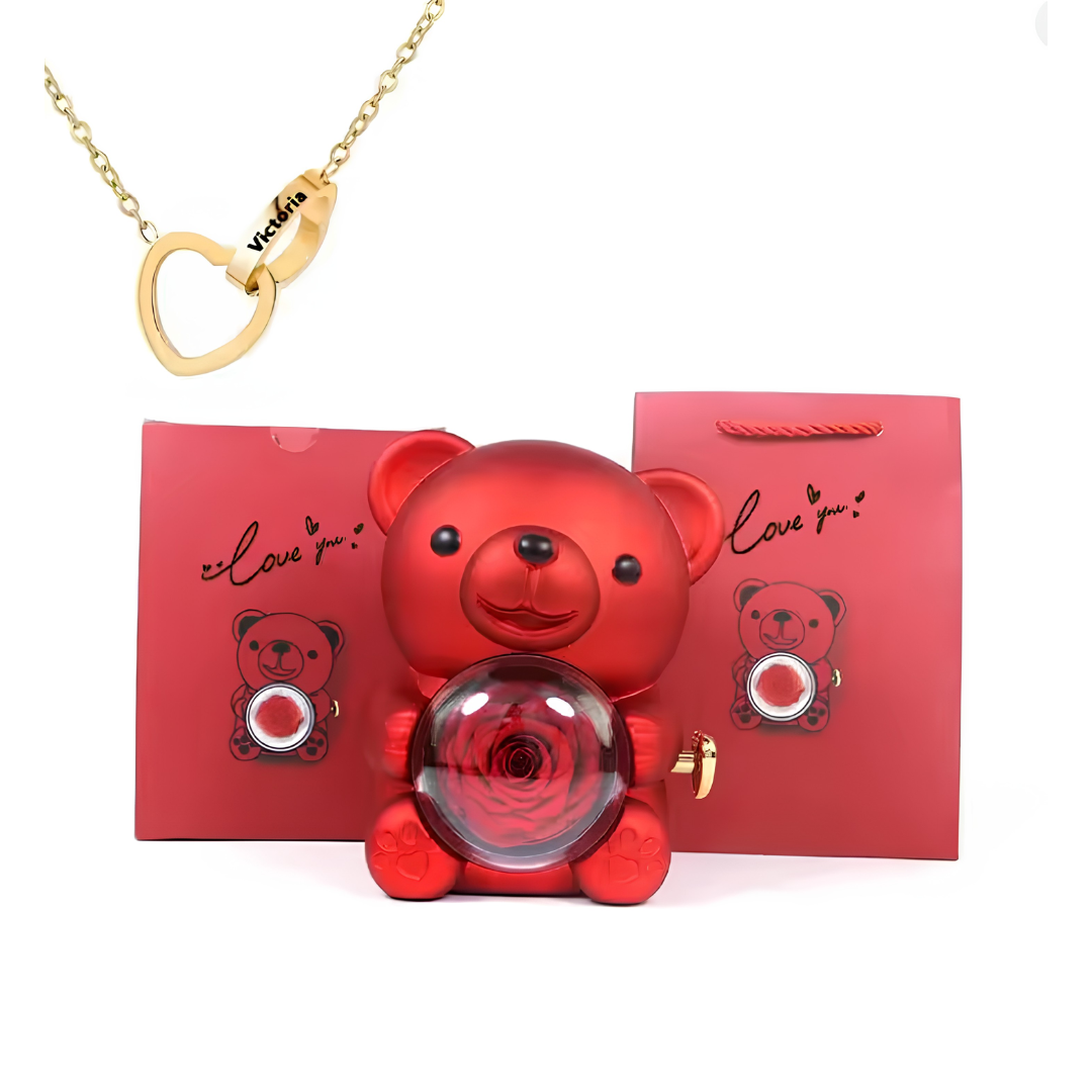 Eternal Bond Personalized Names Heart Necklace & Mechanical Rose Bear Set
