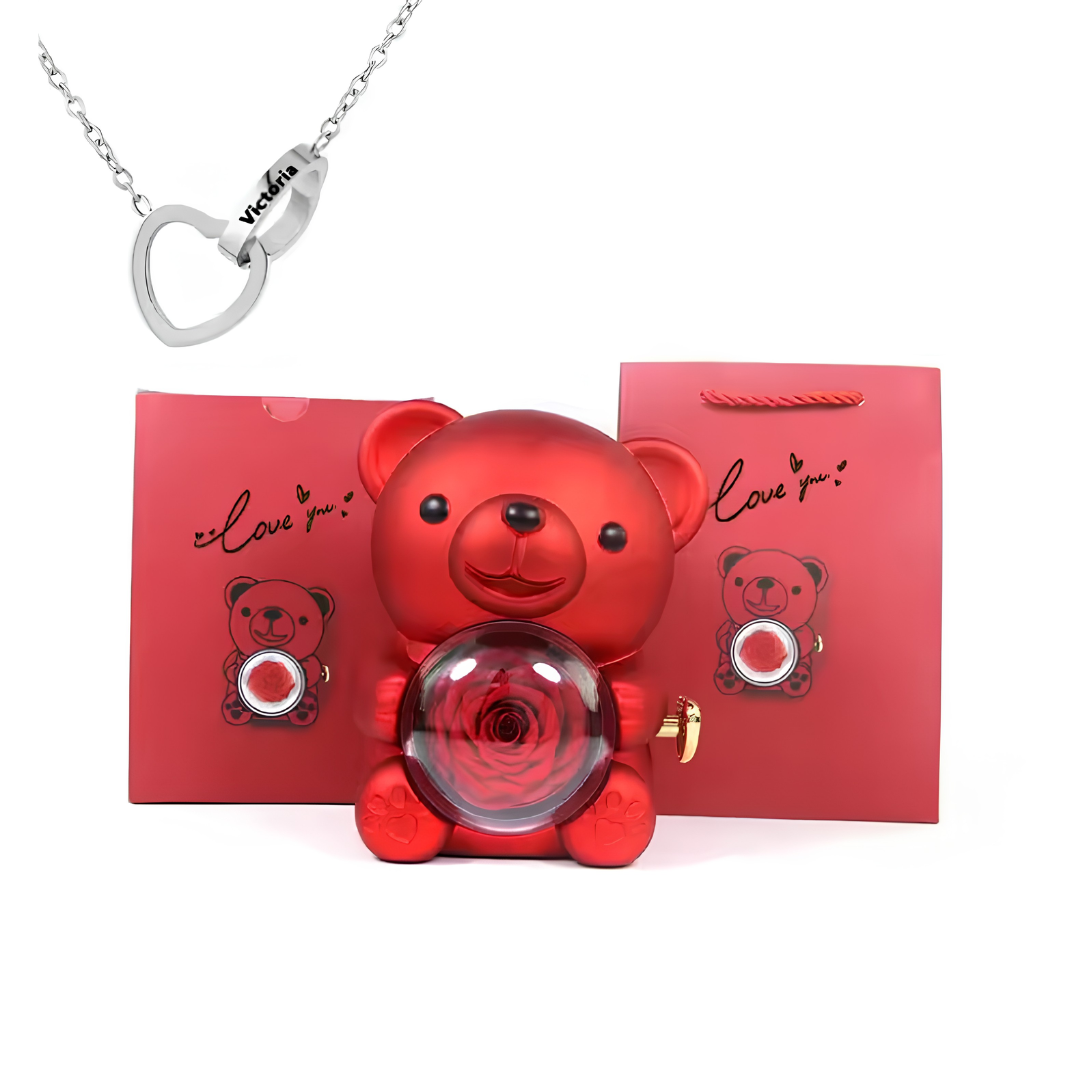 Eternal Bond Personalized Names Heart Necklace & Mechanical Rose Bear Set