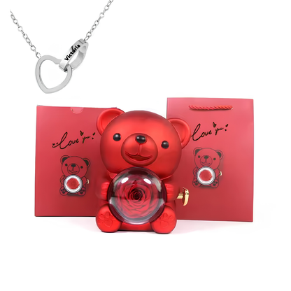 Eternal Bond Personalized Names Heart Necklace & Mechanical Rose Bear Set