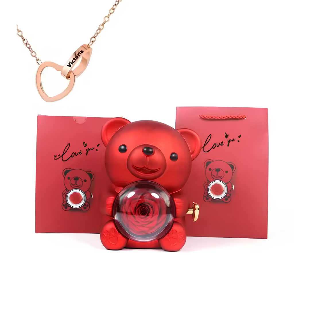 Eternal Bond Personalized Names Heart Necklace & Mechanical Rose Bear Set
