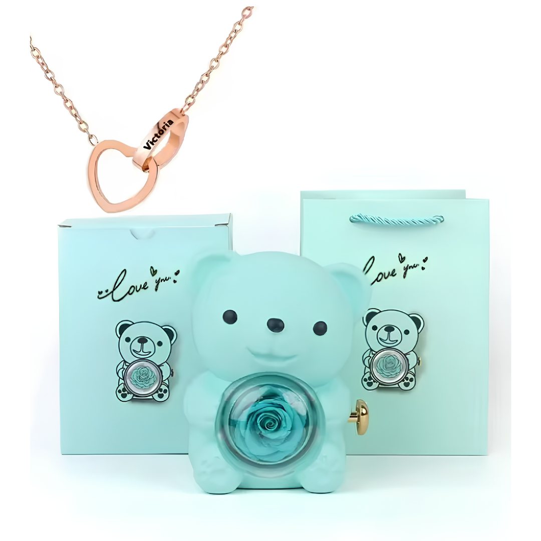 Eternal Bond Personalized Names Heart Necklace & Mechanical Rose Bear Set