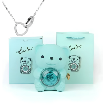 Eternal Bond Personalized Names Heart Necklace & Mechanical Rose Bear Set