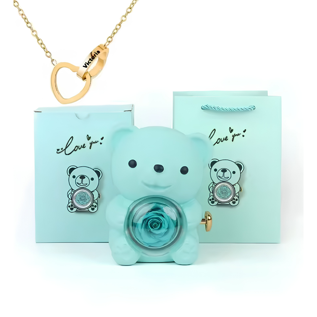Eternal Bond Personalized Names Heart Necklace & Mechanical Rose Bear Set