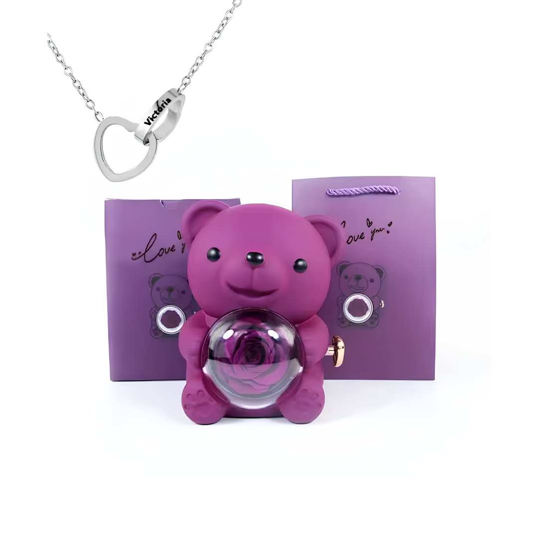 Eternal Bond Personalized Names Heart Necklace & Mechanical Rose Bear Set